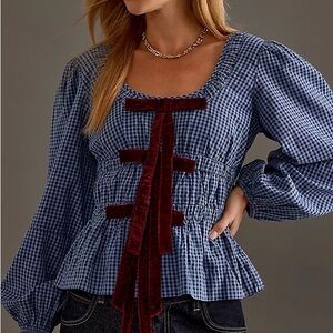 Damson Madder blue check and burgundy velvet Dakota blouse US 12/UK 16 L XL